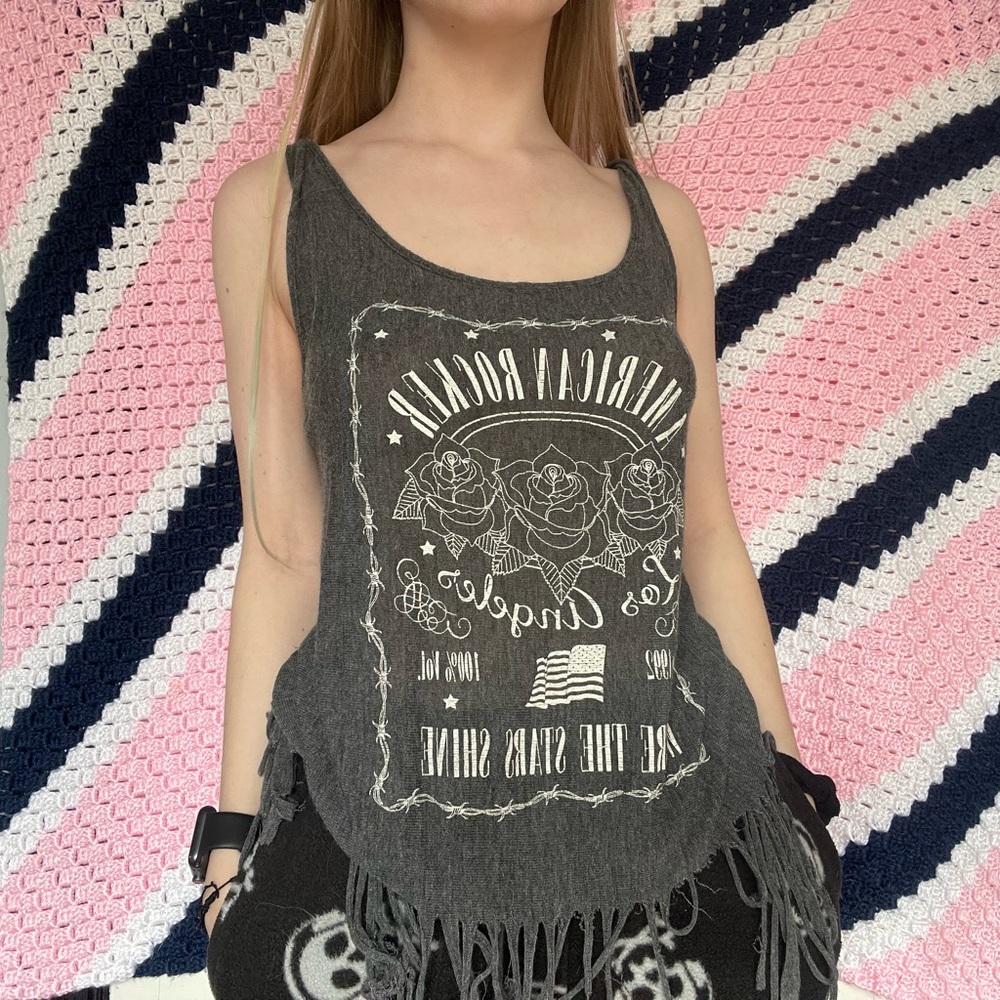 - Grey graphic Tank with frayed bottom